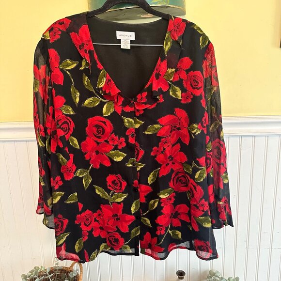 Avenue Vintage 90s Plus Size 18/20 Black Roses Ruffles Blouse top - Picture 1 of 6